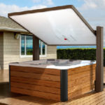The Covana Horizon hot tub cover raises and tilts to provide shade while you relax in your hot tub.