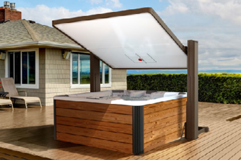 The Covana Horizon hot tub cover raises and tilts to provide shade while you relax in your hot tub.