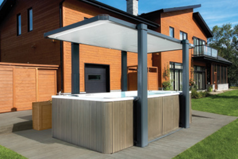 The Covana Legend swim spa cover easily raises and tilts to provide shade and protection from weather.