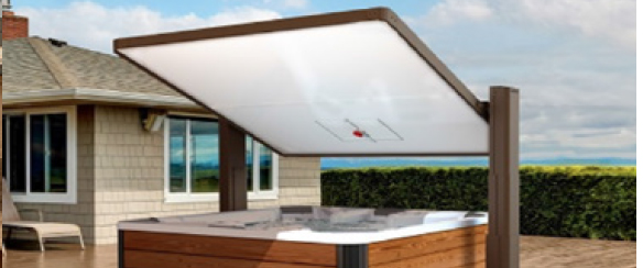 The Covana Horizon hot tub cover raises and tilts to provide shade while you relax in your hot tub.