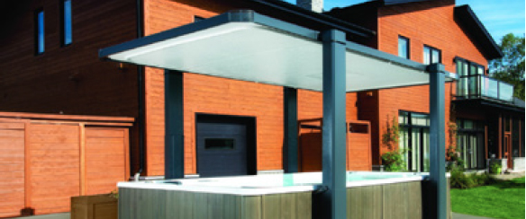 The Covana Legend swim spa cover easily raises and tilts to provide shade and protection from weather.